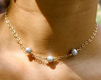 Triple Silver Blue Pearl and Gold Bead Choker • Fresh Water Pearl • 14K Gold Filled • 15 inches • Handmade