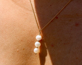 Freshwater Pearl Drop Necklace • Gold Beaded Chain • Fresh Water Pearl • 14K Gold Filled • 18 Inches • Handmade