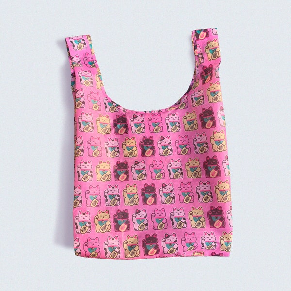 Maneki Neko Lucky Cat Pink Einkaufstasche Eco Bag wiederverwendbare verstaubare Tasche