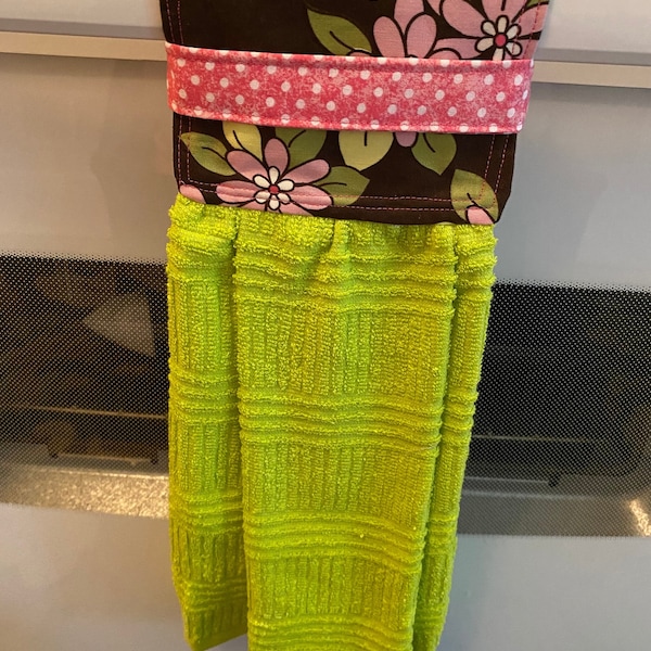 Toalla de cocina colgante - toalla verde lima con estampado marrón y rosa