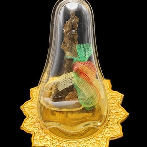 May include: A small, clear, pear-shaped container with a gold base. Inside the container is a brown, organic-looking object wrapped in colourful fabric. The container has a loop at the top for hanging.