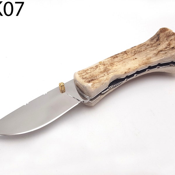 7" Custom Folding Pocket Knife Stainless Steel 440c Blade Wild Stag Elk Horn Handle #KK07