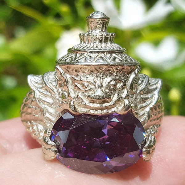 Rahu Om Moon Purple Naga Eye Wealth Thai Amulet Silver Ring Size 6.5 US #aa3551a