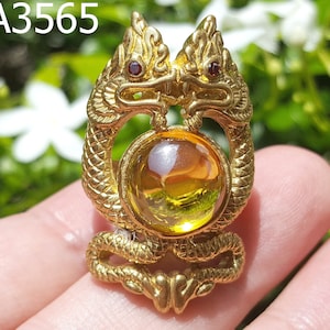 Brass Yellow Naga Eye 2 Serpent Snake Buddha Relic Thai Amulet Ring 6.5 US #3565a