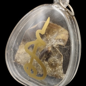 May include: A small, oval-shaped, clear plastic pendant containing a dried, brown, organic material. The pendant has a silver loop for hanging and a gold inscription on the front.