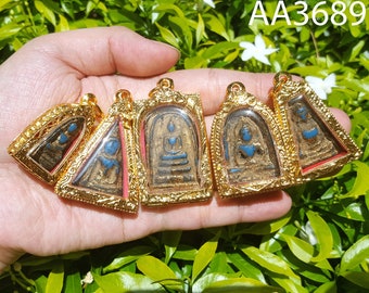 Phra Somdej BENJAPAKEE Phim Yai Wat Rakang  Gilt Gold Blue Charm Protection Talisman Pendant Thai Buddha Amulet #3689