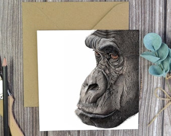 Gorilla Greeting Card, Gorilla Birthday, Hand Drawn Art, Pencil Drawing,, Wildlife Card, Mountain Gorilla, Endangered, Animal Lovers,