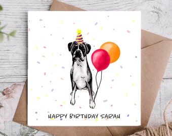 Personalised Cute Boxer Dog Birthday Card, Boxer in Birthday Hat, Boxer Dog With Balloons, Boxer Mum Birthday Gift Ideas, Boxer Parent,