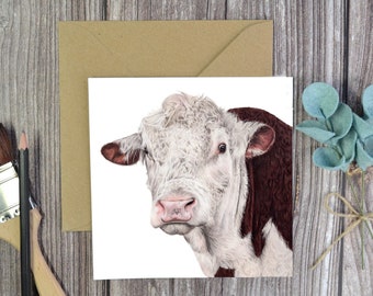 Tarjeta de cumpleaños de vaca Hereford, arte de vaca, ideas de regalo de granjero, vaca de carne británica, tarjetas de animales de granja, toro Hereford