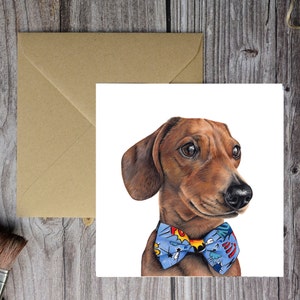 Dackel mit Fliege Geburtstagskarte, Tan Dackel Geschenk, Niedliche Hundekunst, Geburtstagskarte, Wursthund Karte, Vatertag