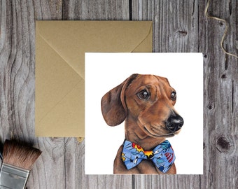 Dachshund in Bow Tie Birthday Card, Tan Dachshund Gifts, Cute Dog Art, Birthday Card, Sausage Dog Card, Fathers Day