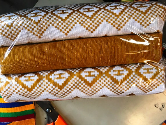 Gold & White Authentic Kente 6 yards Genuine Ghana handwoven Kente 
