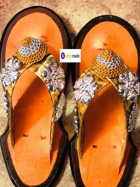 Women Authentic Gold Ahenema Traditional Ghanaian Leather Handmade Slippers Etsy
