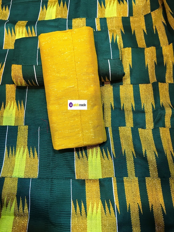 Kente Cloth Fabric; Golden Yellow, Green, Blue, Green