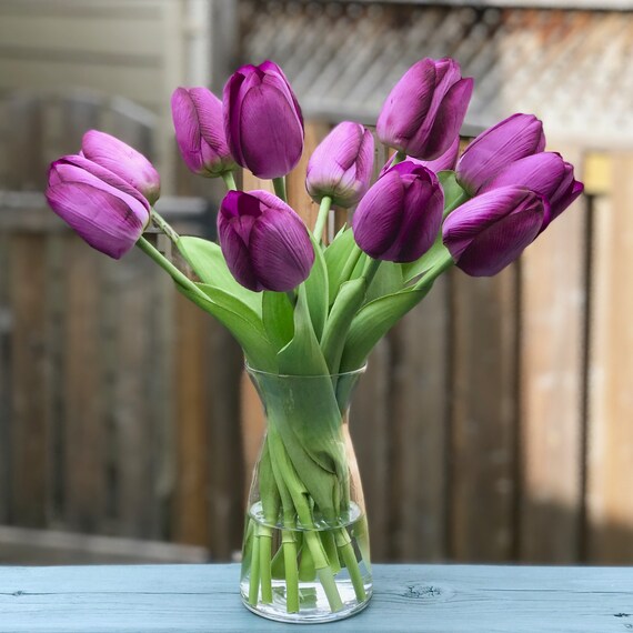 Purple Tulips Faux Floral Arrangement in Glass Vase Faux Etsy
