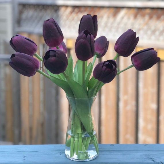 dark purple tulips faux floral arrangement in glass vase faux etsy