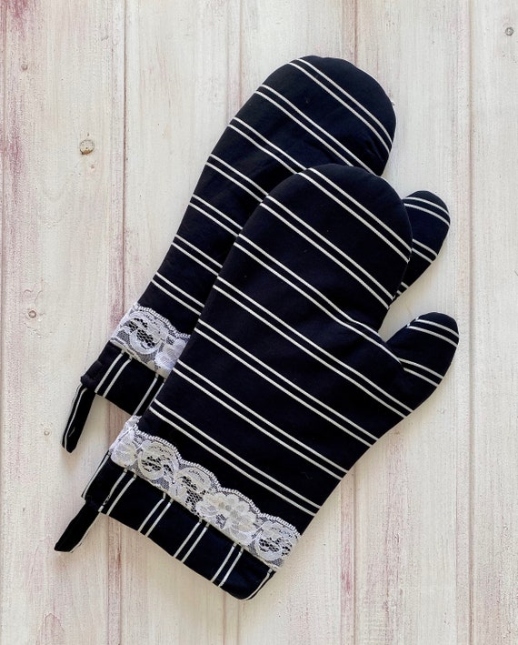 2 Kitchen Gloves Handmade Oven Gloves Black Gloves White Stripes