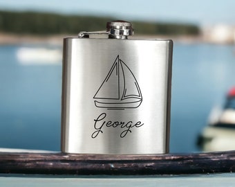 Custom Stainless Steel Flask 8 oz, Sailboat Yacht Flask, Nautical Gift, Boating Hip Flask, Groomsman Gift, Sailing, Coastal, Water Sports