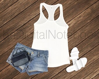 Download Free Instant Download • Next Level 1533 White Ladies' Ideal Racerback Tank Mockup Wood Background • Large JPG File • Personal / Professional Use PSD Template
