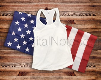 Download Free Instant Download • Next Level 1533 White Ladies' Ideal Racerback Tank Mockup Wood Table Background USA Theme • Personal / Professional Use PSD Template