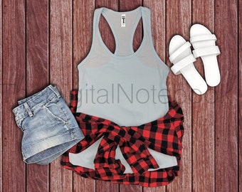 Download Free Instant Download • Next Level 1533 Silver Ladies' Ideal Racerback Tank Mockup Redwood Background Red Plaid • Personal / Professional Use PSD Template