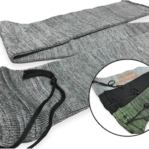 May include: Gray knitted drawstring bag with a black cord. The bag is shown folded in half. A close-up shows three bags in different colors: gray, black, and green.