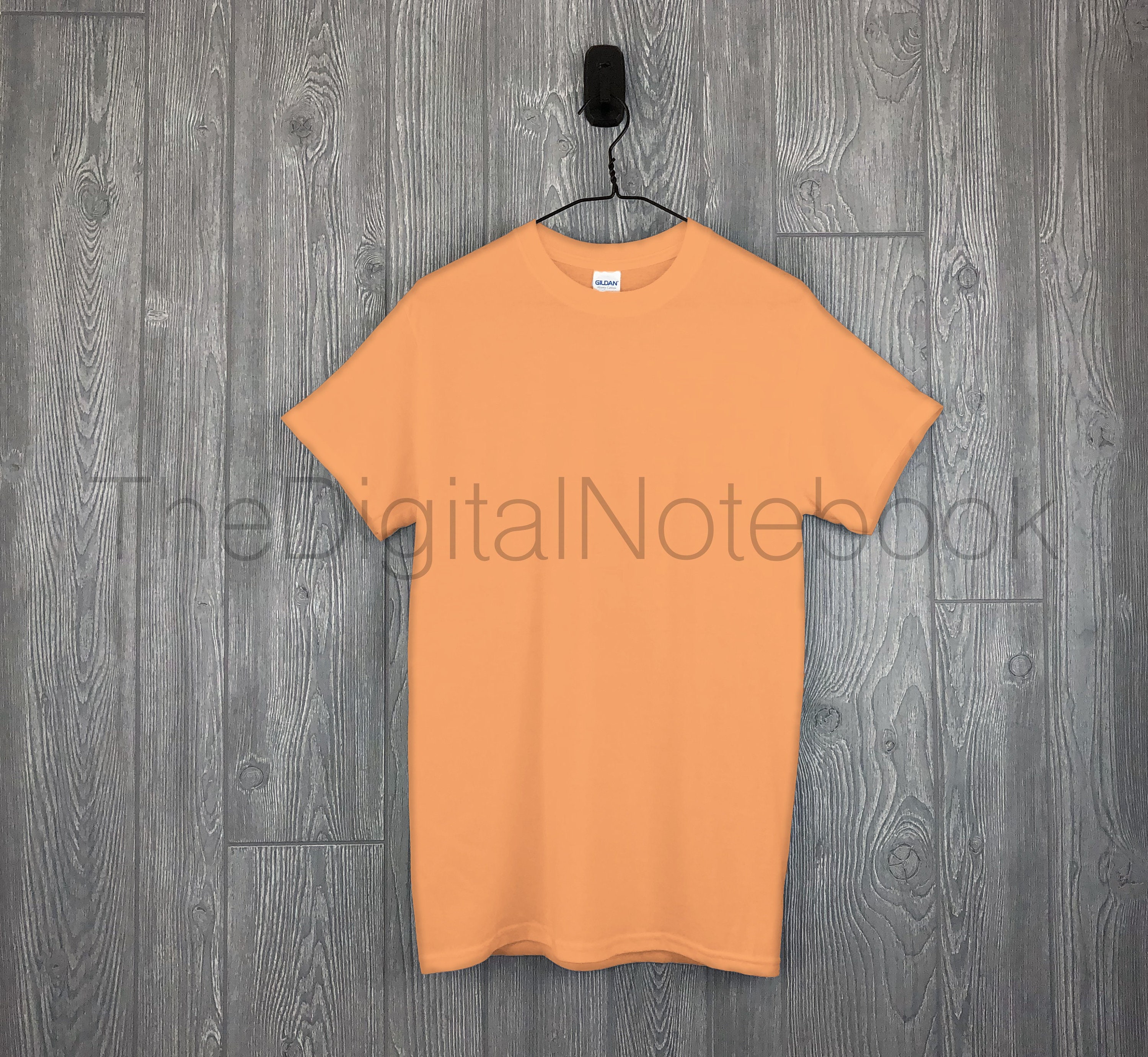 Download Instant Download Gildan Sunset Light Orange G500 Unisex T Shirt Mockup On Hanger With Grey Wood