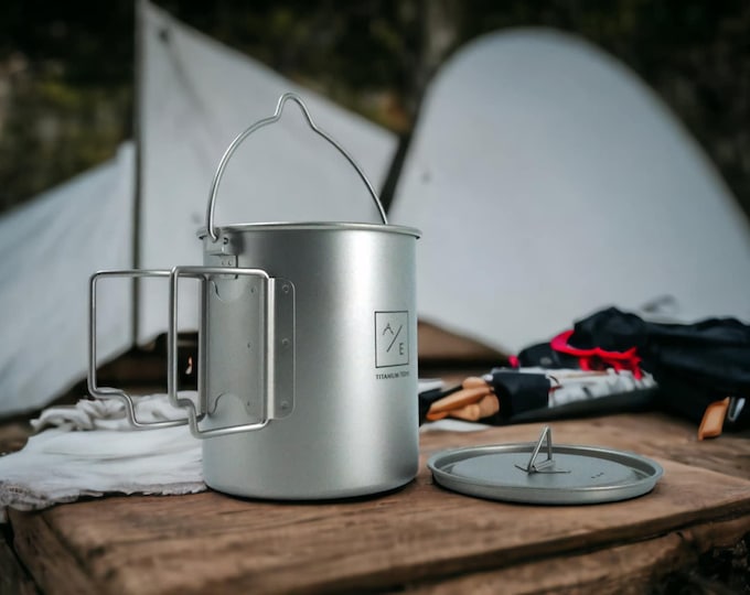 Featured listing image: Titanium 450mL / 750mL ULTRA-LIGHT Compact Titanium Open Flame Compact Cup and Kettle Mug Kit with Lids, Nylon Travel Cases