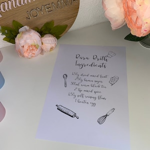May include: A white printable recipe card with black ink. The card lists the ingredients for Bara Brith, a Welsh tea bread. The ingredients include dried mixed fruit, brown sugar, warm black tea, mixed spice, self-raising flour, and a beaten egg.