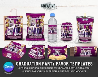 Purple Graduation Party Favor Templates Bundle (Canva, Digital Download)