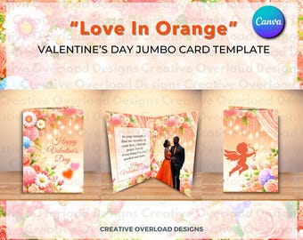 Floral "Love in Orange" Valentine's Day Jumbo Card Template l Digital Download l Canva l Editable Template l Custom Card Design l Crafters