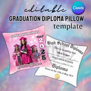 Plantilla editable de almohada con diploma de graduación rosa con maqueta | Almohada cuadrada de 61 x 61 cm | Canva | Descarga digital | Crafters | Clase de 2025