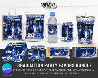 Blue & Silver Graduation Party Favor Templates, DIY Bundle (Digital Download)