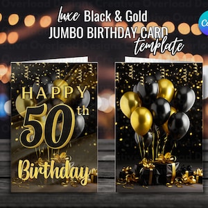 Luxe Black & Gold Jumbo 50. Geburtstag Kartenvorlage l Canva Pro l Vorgefertigt für schnelles, einfaches Bearbeiten l Mockup inklusive