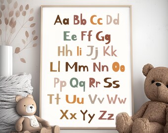 May include: A printable alphabet chart with brown, orange, green, and beige letters on a white background. The letters are in uppercase and lowercase. The letters are arranged in alphabetical order.