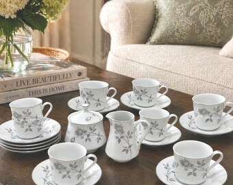 Regal Fine China Moonlight Rose Tea Set 8 Cups & Saucers with Creamer and Sugar Bowl Vintage Japan Gray Floral Porcelain Wedding Gift