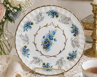 Vintage AVON Alpine White Ironstone Cake Plate 9.75" Wood & Sons England Blue Floral Gold Trim Serving Plate Cottagecore Tableware