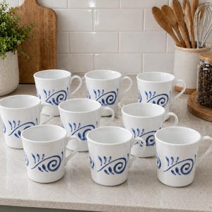 Vintage Corning Oceanview Coffee Mugs Set of 9 Blue Swirl White Mugs Corning USA Stackable Cups Coastal Kitchen
