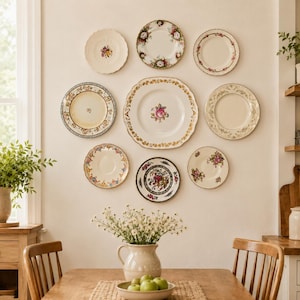 May include: A collection of nine decorative ceramic plates arranged on a wall above a wooden dining table. The plates feature various floral patterns, gold rims, and scalloped edges. A white pitcher filled with small white flowers sits on the table.