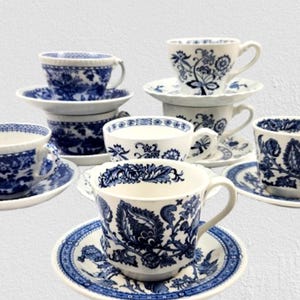 Mix and Match Blue and White Teacups and Saucers English Tea Set, Vintage China Cottagecore Tea Party Decor Choose 8 Sets or 12 Sets