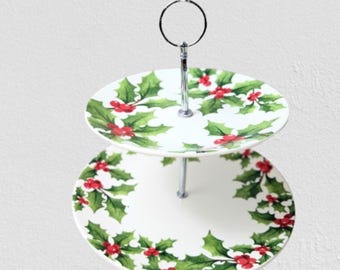Christmas Cake Stand for Holiday Dessert Display Christmas Cookies Serving Tray Two Tier Ceramic Plate Holly Berry Pattern Design Festive