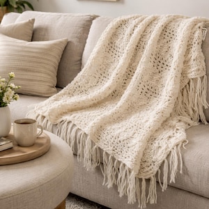 Vintage Handmade Cream Afghan – Neutral Crochet Throw Blanket 