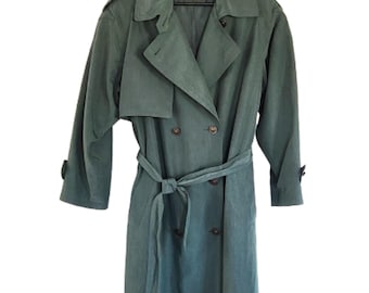 Vintage Forest Green Trench Coat size 12, Below the Knee, Belted, Shoulder Pads, Kick Pleat, Fully Lined, Fall Winter Coat D&#39;Allairds Canada