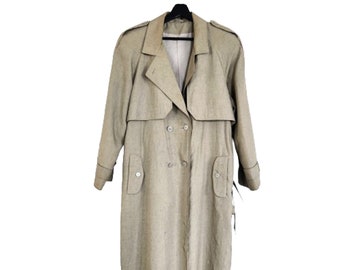 80&#39;s Trench Coat size 13/14, Below the Knee with belt fully lined full length with back detail Tan Beige Light Sage Green Coat Large/XL, Y2K