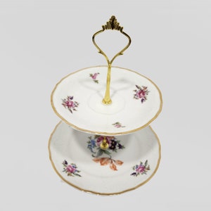 Bernadotte Sonata 2 tiered cake stand. Made in Czechoslovakia, florals on white with gold edging, tidbit stand sweet tray