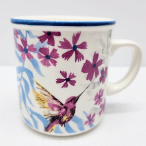 Hummingbird mug gift for mom, gift for grandma, teachers gift with teabags and spoon ready for gifting, purple blue new mug, tea/coffee cup