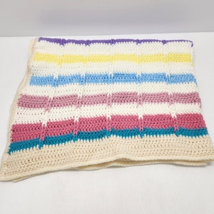 Vintage Small knitted afghan blanket, Hand Knit Baby Blanket, Lap throw in pastel stripes, granny blanket Rainbow Stripes, Handmade, 40 x 44