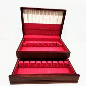 Vintage Wooden Silverware Flatware Chest Box with drawer, pink felt and white satin, wooden flatware storage chest