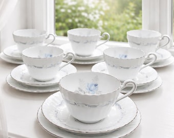 Vintage Paragon Morning Rose Trio Set of 6 Fine Bone China England Blue Rose Tea Cups Saucers and Plates Royal Warrant English Tea Set