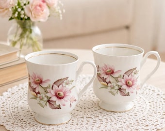Vintage Crown Ceramics Ltd Fine Bone China Mugs Pink Floral Tea Cups Made in India Gold Trim Set of 2 Cottagecore Coffee Mugs